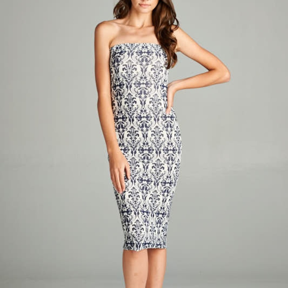DNA couture Navy and White Strapless Midi Dress - Picture 3 of 5